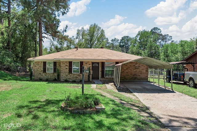 ranch-style home featuring a carport and a front yard