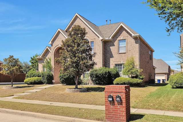 view of front of house with brick siding and a front yard