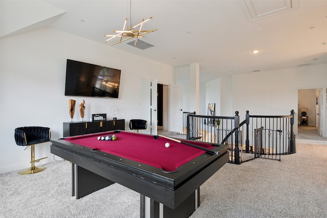 recreation room featuring light carpet, a chandelier, and billiards