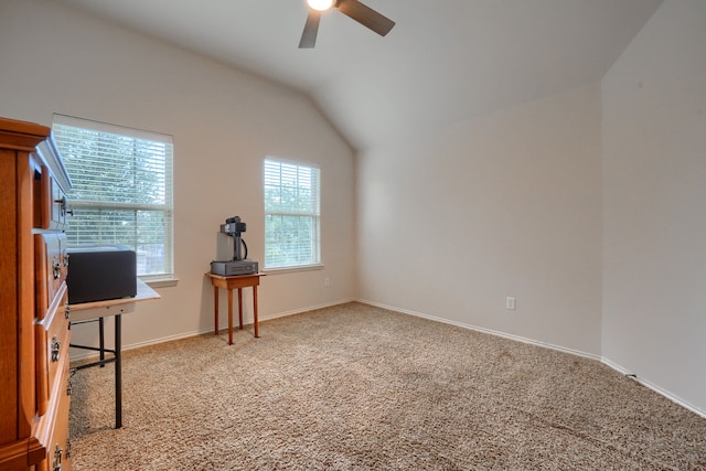 carpeted bedroom featuring a closet, ceiling fan, and vaulted ceiling