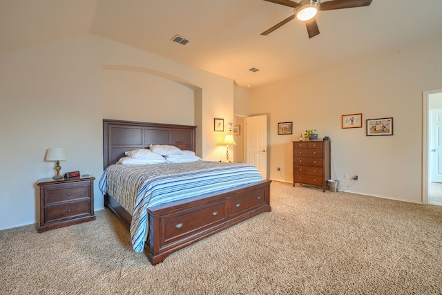 bedroom featuring lofted ceiling, carpet floors, and ceiling fan