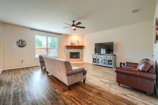 home office featuring ceiling fan and hardwood / wood-style floors