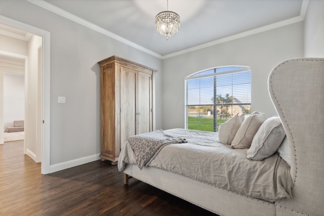 bedroom featuring ornamental molding, an inviting chandelier, and dark wood-type flooring