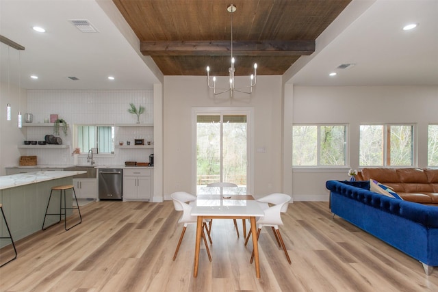 dining area with beamed ceiling, light wood-type flooring, wood ceiling, and a chandelier