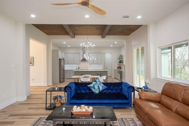 living room featuring beamed ceiling, ceiling fan with notable chandelier, light hardwood / wood-style floors, and wood ceiling