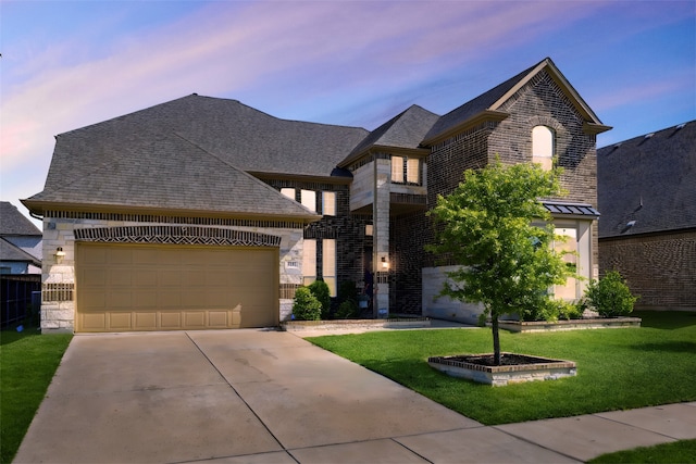 view of front of property featuring a lawn and a garage