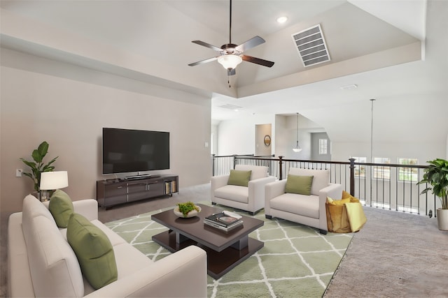 living room with light carpet and ceiling fan