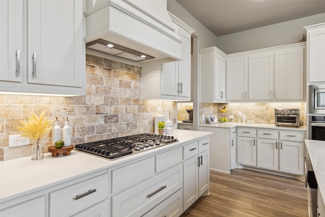 kitchen featuring light wood-type flooring, appliances with stainless steel finishes, white cabinetry, premium range hood, and tasteful backsplash