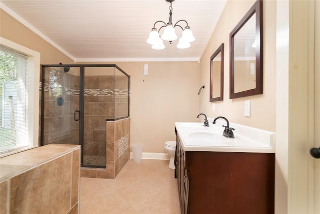 bathroom with a notable chandelier, an enclosed shower, toilet, vanity, and ornamental molding