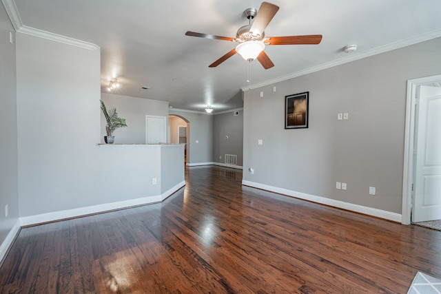 unfurnished living room with crown molding, ceiling fan, and dark hardwood / wood-style flooring