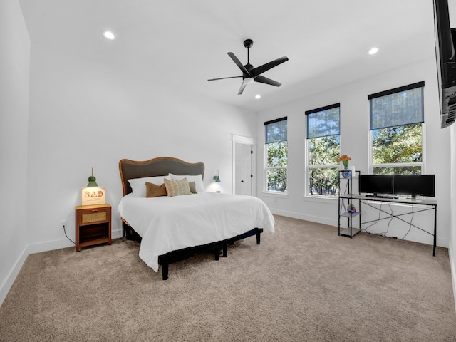 bedroom with recessed lighting, carpet, baseboards, and ceiling fan