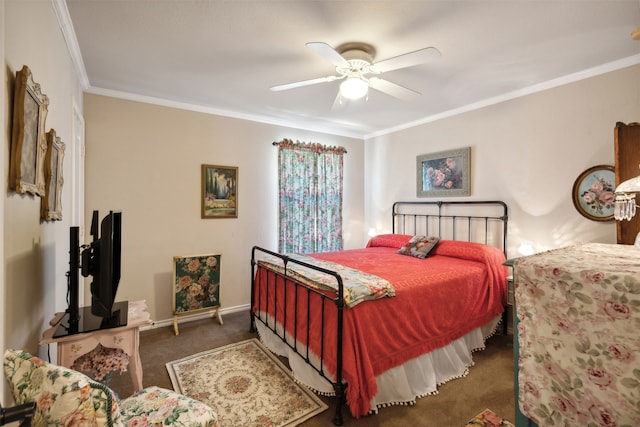 bedroom with dark colored carpet, ceiling fan, and crown molding