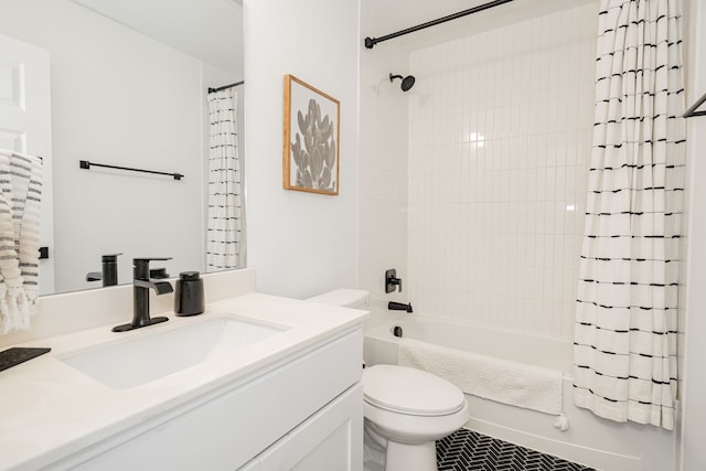 full bathroom with toilet, shower / bathtub combination with curtain, and vanity