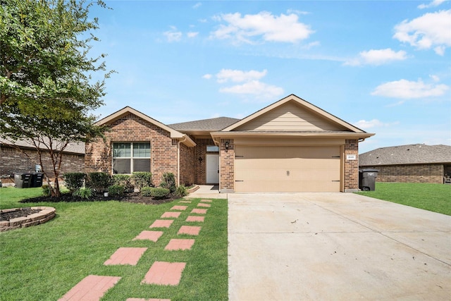 ranch-style home with a garage and a front lawn