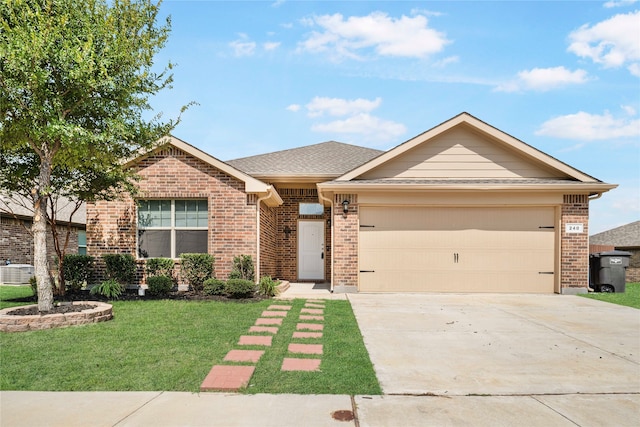 ranch-style house featuring cooling unit, a front lawn, and a garage