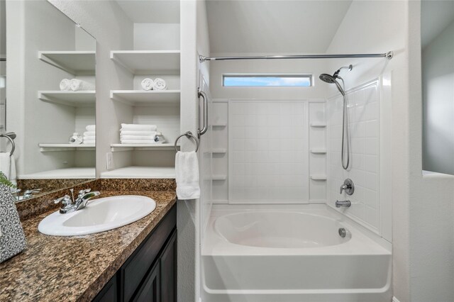 bathroom with tile patterned flooring, bathing tub / shower combination, and ceiling fan