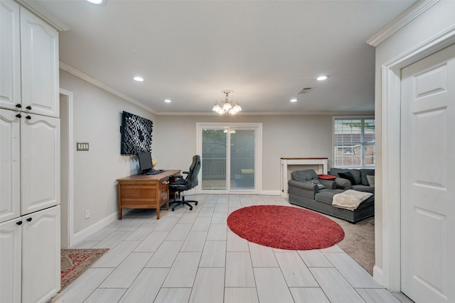 office featuring a notable chandelier and crown molding