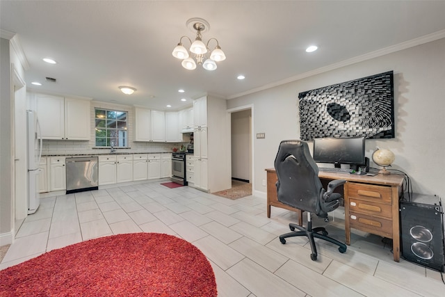 tiled office featuring a notable chandelier and ornamental molding