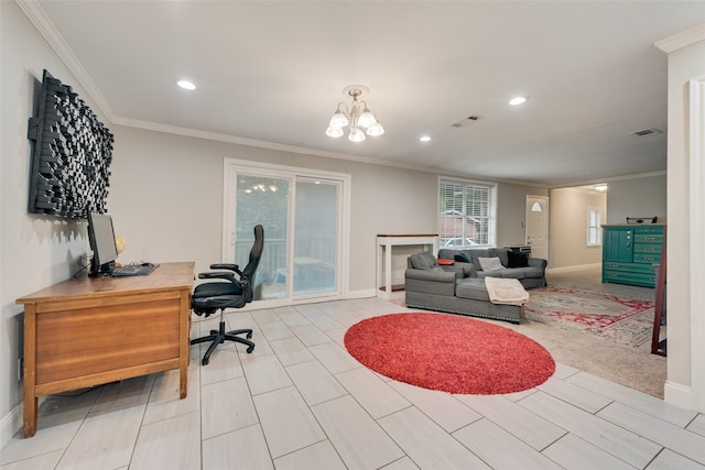 interior space featuring a chandelier and crown molding