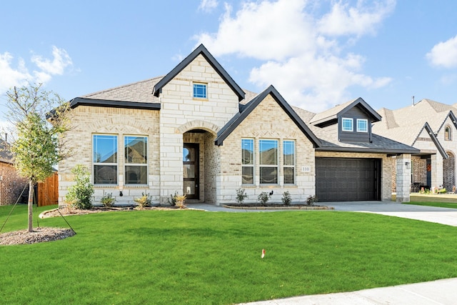 view of front of property with a garage and a front lawn