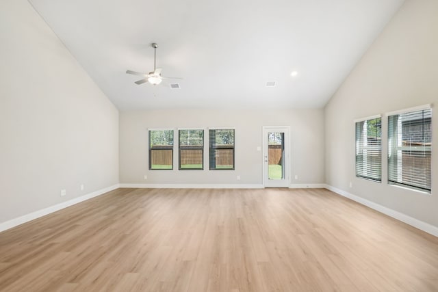 unfurnished living room featuring ceiling fan, light wood-type flooring, and high vaulted ceiling