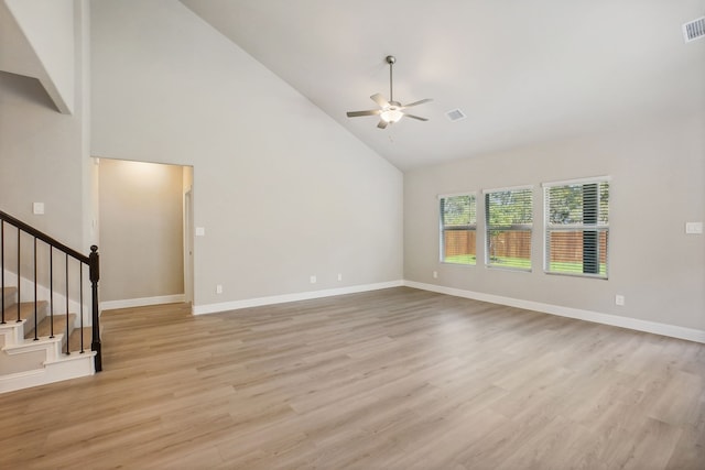 unfurnished living room with light wood-type flooring, high vaulted ceiling, and ceiling fan