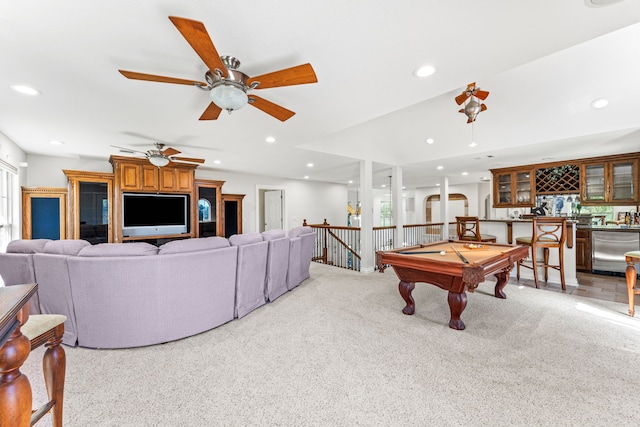 game room with ceiling fan, indoor bar, light carpet, and pool table