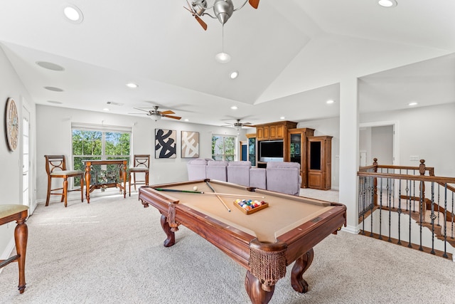 rec room with ceiling fan, light colored carpet, pool table, and high vaulted ceiling