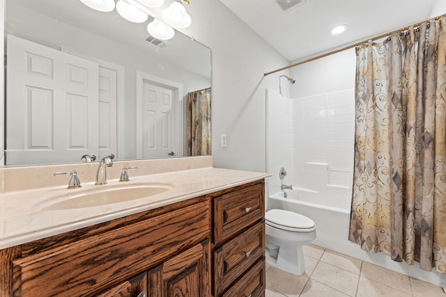 full bathroom with vanity, shower / bath combo, tile patterned floors, and toilet