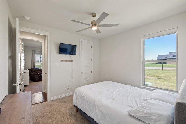 carpeted bedroom with multiple windows and ceiling fan