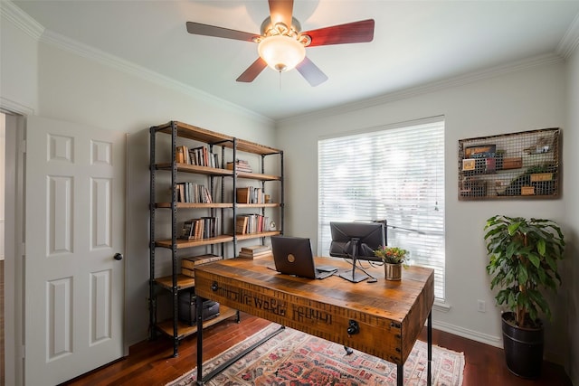 office space featuring ornamental molding, ceiling fan, and dark hardwood / wood-style floors