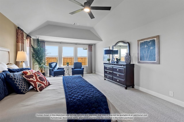 bedroom with ceiling fan, light colored carpet, and lofted ceiling