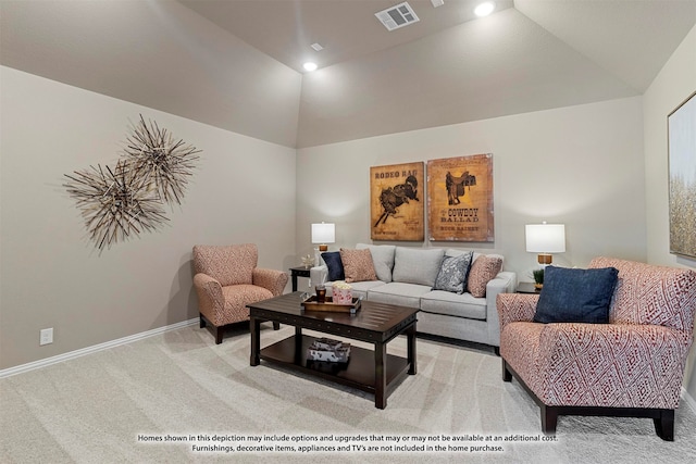 carpeted living room featuring lofted ceiling