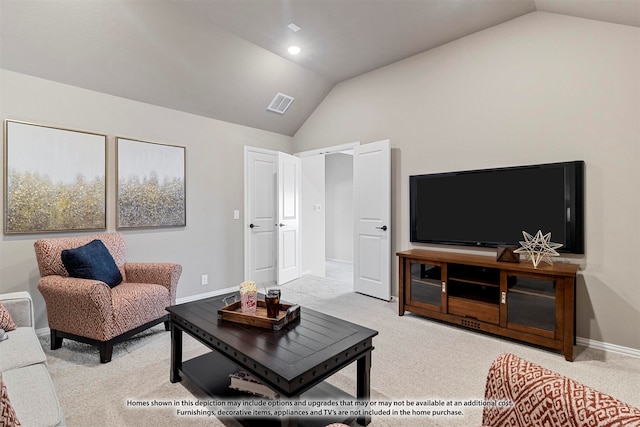 carpeted living room with lofted ceiling