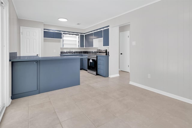 kitchen with stainless steel electric range, light tile patterned floors, blue cabinetry, ornamental molding, and kitchen peninsula