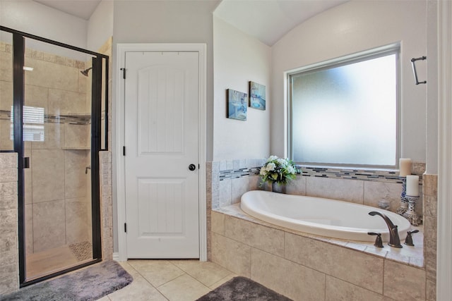 bathroom featuring shower with separate bathtub and tile patterned floors