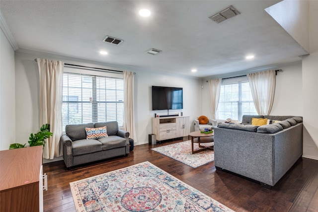 living room featuring ornamental molding and dark hardwood / wood-style floors