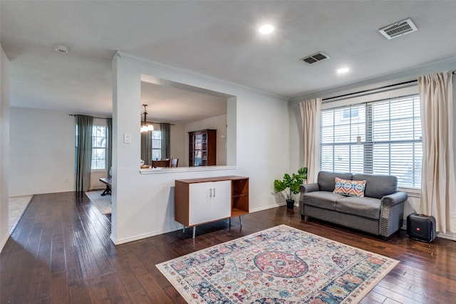 living room with crown molding, a chandelier, and dark hardwood / wood-style flooring