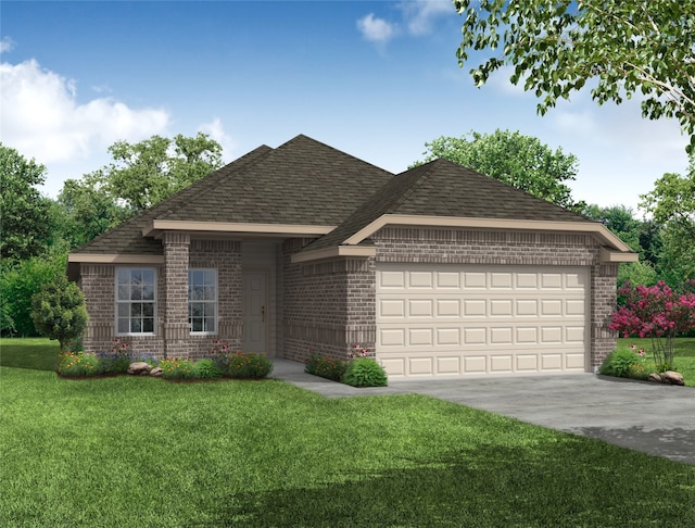 ranch-style home featuring a garage and a front yard