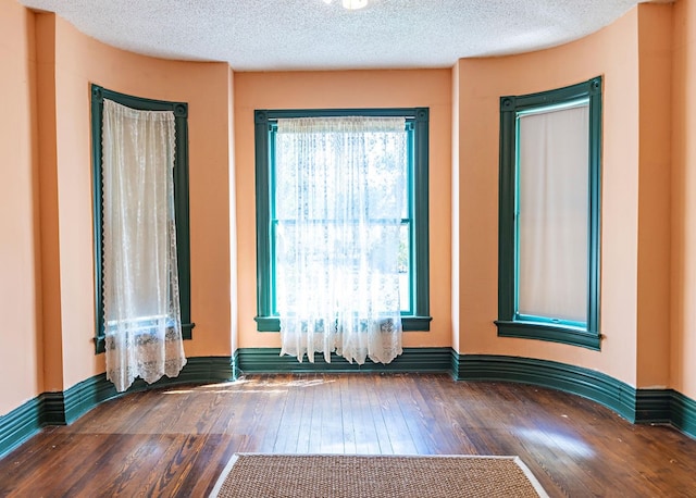 empty room with plenty of natural light, hardwood / wood-style floors, and a textured ceiling