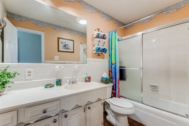 full bathroom with toilet, vanity, backsplash, wood-type flooring, and shower / tub combo with curtain