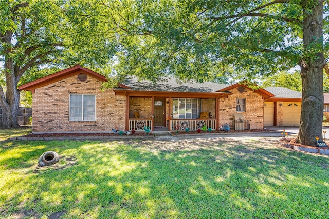 ranch-style home with a garage, a porch, and a front lawn