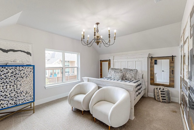 carpeted bedroom with lofted ceiling and an inviting chandelier