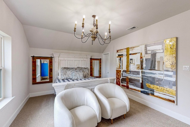 bedroom with a notable chandelier, carpet, and vaulted ceiling