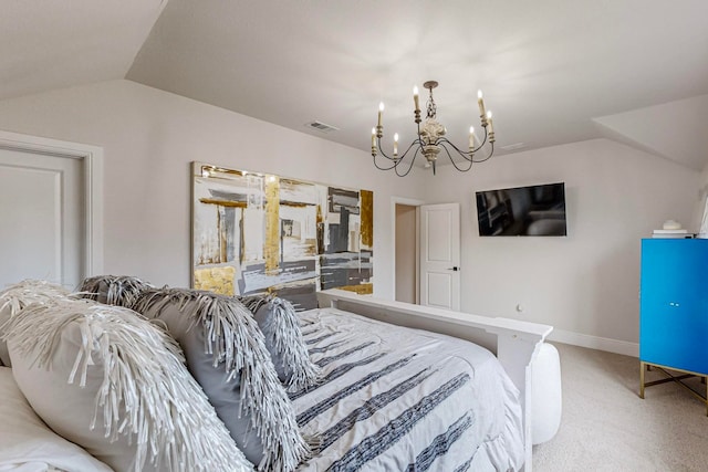 carpeted bedroom with vaulted ceiling and a chandelier