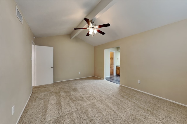 unfurnished room with carpet flooring, lofted ceiling with beams, and ceiling fan