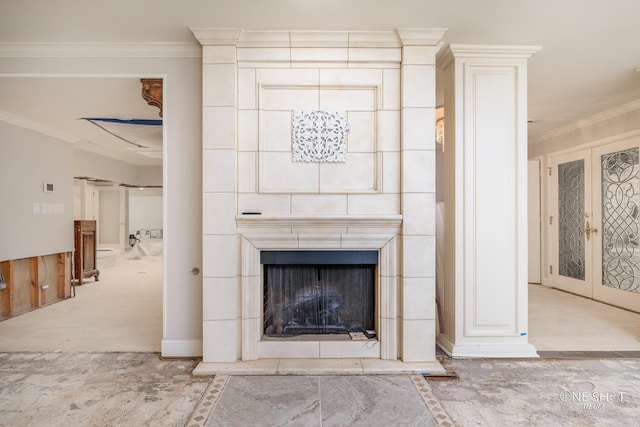 details with carpet flooring, ornamental molding, and a tiled fireplace