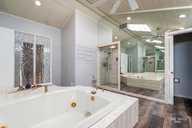 bathroom with separate shower and tub, wood-type flooring, wooden ceiling, and vaulted ceiling