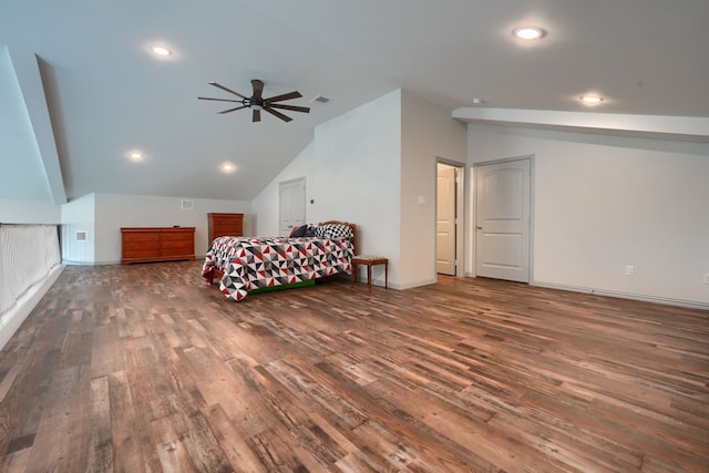 unfurnished bedroom with vaulted ceiling, ceiling fan, and dark hardwood / wood-style flooring