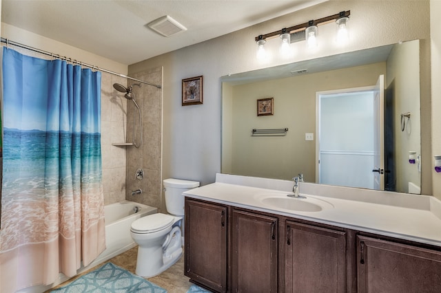 full bathroom featuring a textured ceiling, vanity, toilet, tile patterned floors, and shower / bathtub combination with curtain